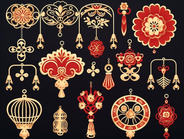 사진 중국 전통 패턴 꽃 등불 구름 요소 및 장식품 중국 및 일본 스타일의 터 장식 보석 컬렉션