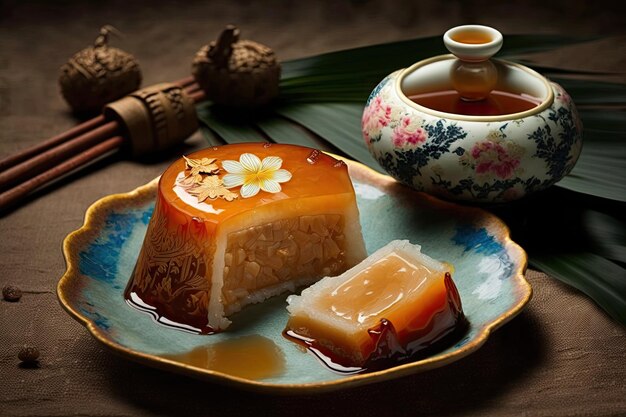 Chinese traditional snack for new year festive meals shu cake with jelly and coconut created with ge