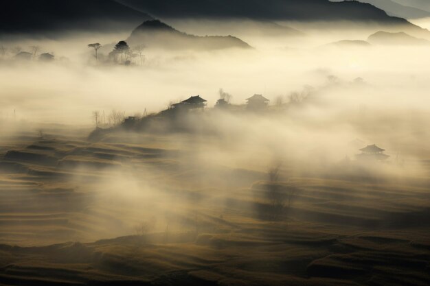 Chinese village misty morning background wallpaper