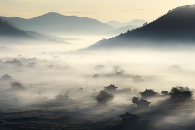Chinese village misty morning background wallpaper