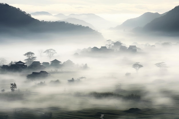 Chinese village misty morning background wallpaper