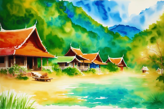 A chinese village Watercolor Painting of a Tranquil Chinese Village Generative AI