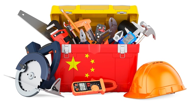 Chinese vlag geschilderd op de toolbox Service reparatie en constructie in China concept 3D-rendering