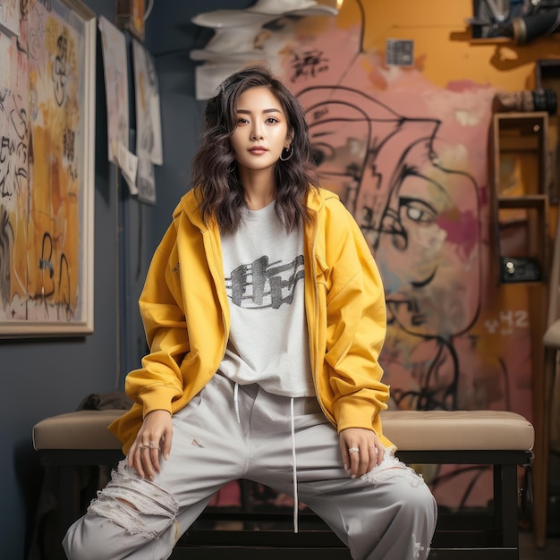 Chinese vrouw in een geel jasje en grijze broek zit op een bankje voor een schilderij Het schilderij heeft veel graffiti op het geven van de kamer een enigszins edgy en stedelijke vibe Generatieve ai