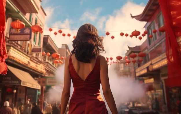 Chinese vrouw loopt op Chinees nieuwjaarsfestival versierd met lantaarns op chinatown