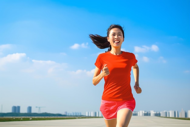 Chinese vrouw van 25 jaar die buiten rent met een gevoel van trainingsenthousiasme, geluk