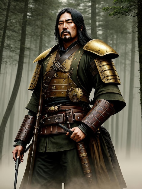 A chinese warrior stands in the woods with a sword on his chest.