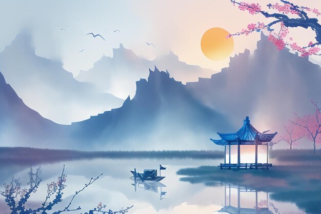 Chinese watercolor ink landscape lake house plum blossom bird tree pavilion sun beautiful scenery