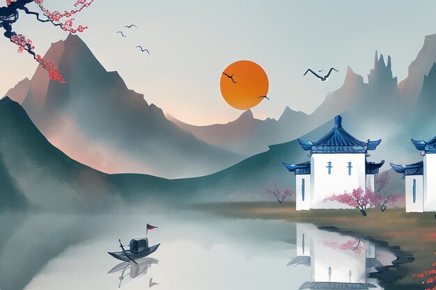 Chinese watercolor ink landscape lake house plum blossom bird tree pavilion sun beautiful scenery