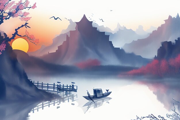 Chinese watercolor ink landscape lake house plum blossom bird tree pavilion sun beautiful scenery