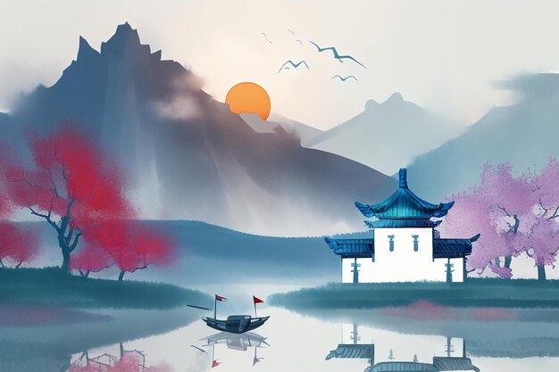 Chinese watercolor ink landscape lake house plum blossom bird tree pavilion sun beautiful scenery