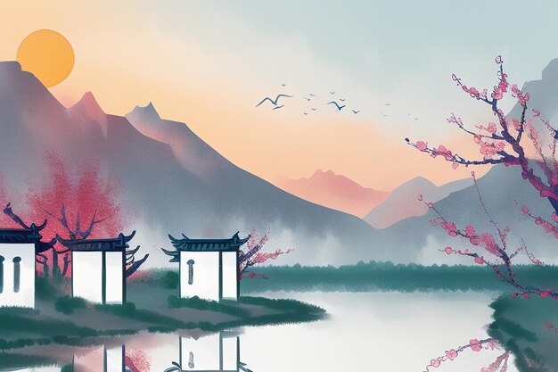 Photo chinese watercolor ink landscape lake house plum blossom bird tree pavilion sun beautiful scenery