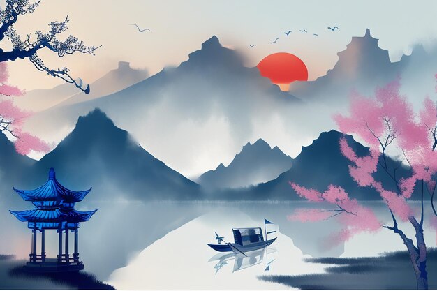 Chinese watercolor ink landscape lake house plum blossom bird tree pavilion sun beautiful scenery