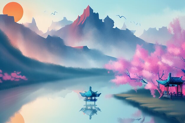 Chinese watercolor ink landscape lake house plum blossom bird tree pavilion sun beautiful scenery