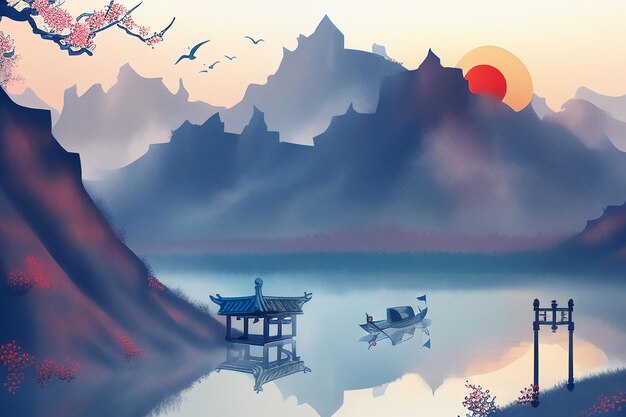 Chinese watercolor ink landscape lake house plum blossom bird tree pavilion sun beautiful scenery