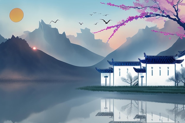 Chinese watercolor ink landscape lake house plum blossom bird tree pavilion sun beautiful scenery