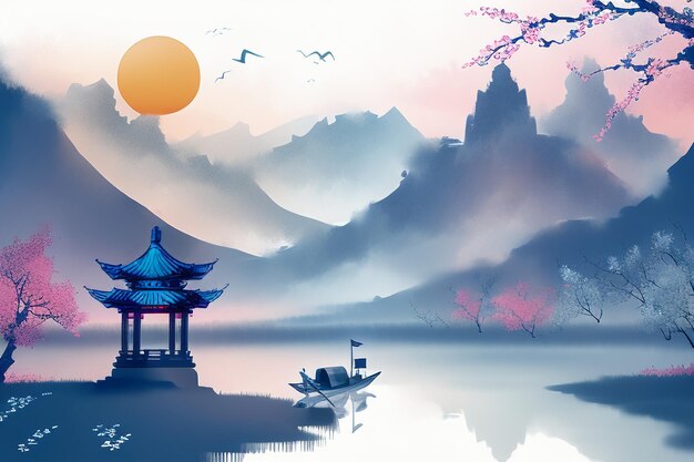 Chinese watercolor ink landscape lake house plum blossom bird tree pavilion sun beautiful scenery