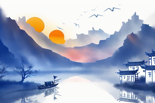 Chinese watercolor ink landscape lake house plum blossom bird tree pavilion sun beautiful scenery