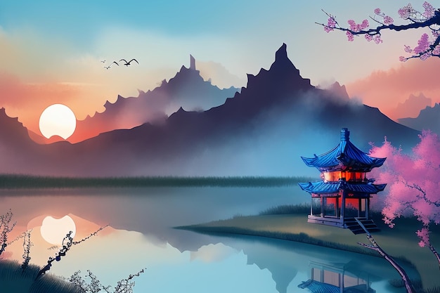 Chinese watercolor ink landscape lake house plum blossom bird tree pavilion sun beautiful scenery