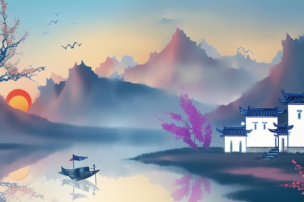 Photo chinese watercolor ink landscape lake house plum blossom bird tree pavilion sun beautiful scenery