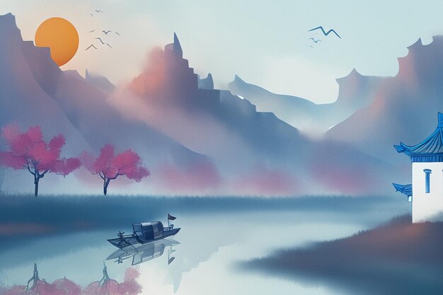 중국어 수채화 잉크 풍경 호수 집 매화 새 나무 정자 태양 아름다운 풍경