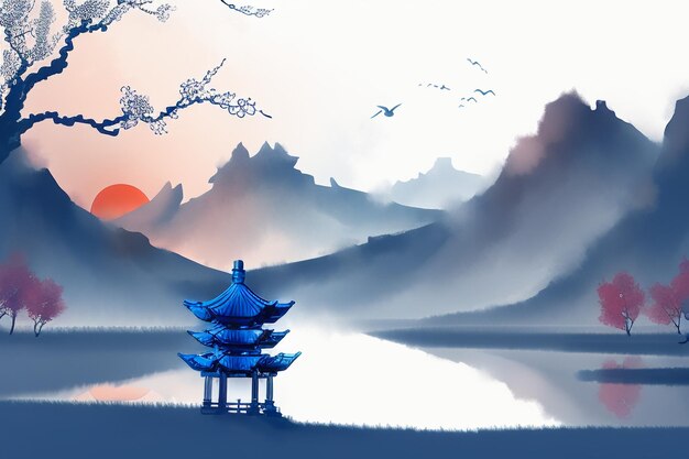 Chinese watercolor ink landscape lake house plum blossom bird tree pavilion sun beautiful scenery