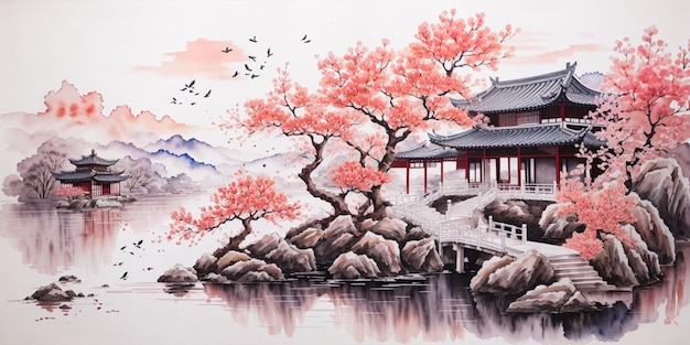 Chinese watercolor ink landscape lake house plum blossom bird tree pavilion sun beautiful scenery