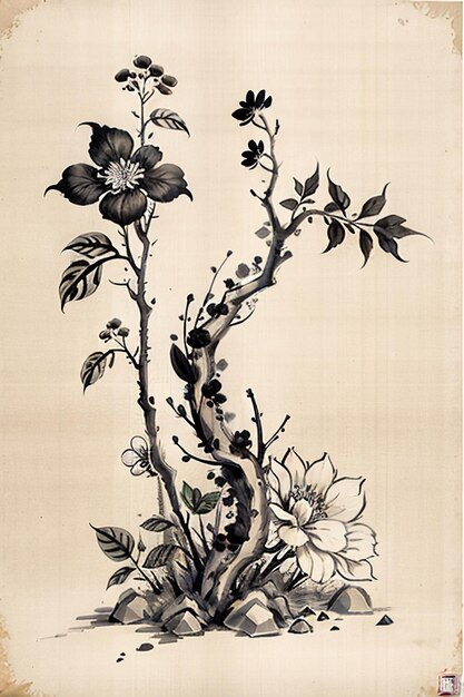 写真 中国の水彩画水墨画古代の花の絵枝花コレクション美術展