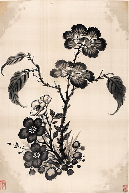 사진 중국 수채 잉크 스타일 고대 꽃 그림 가지 꽃 컬렉션 미술 전시