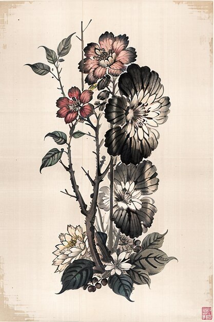 Chinese watercolor ink style ancient flower painting a branch flower collection art exhibition