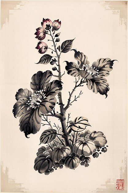 Chinese watercolor ink style ancient flower painting a branch flower collection art exhibition