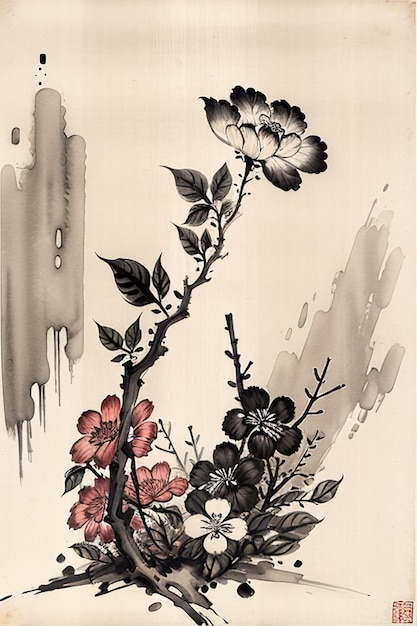 Chinese Watercolor Ink Style Ancient Flower Painting A Branch Flower Collection Art Exhibition