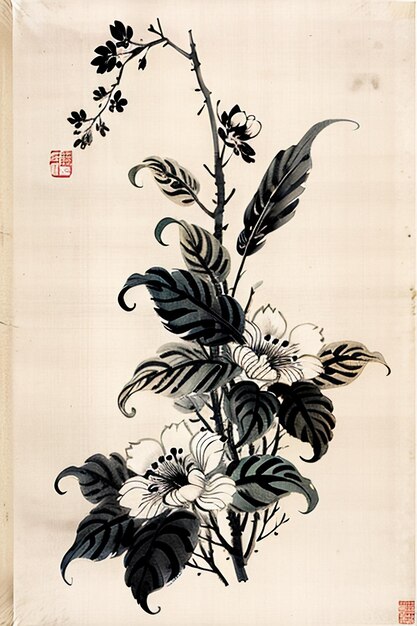 Chinese watercolor ink style ancient flower painting a branch flower collection art exhibition