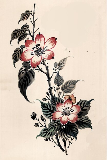 Chinese watercolor ink style ancient flower painting a branch flower collection art exhibition