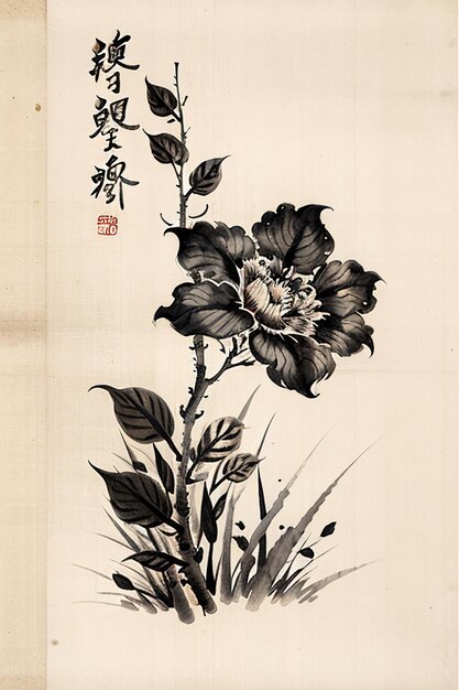 Chinese watercolor ink style ancient flower painting a branch flower collection art exhibition