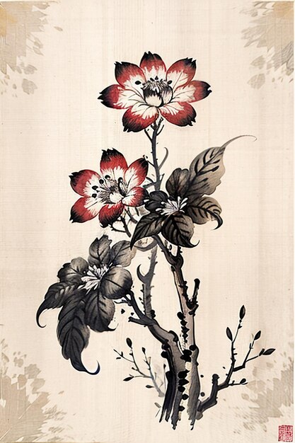 Chinese watercolor ink style ancient flower painting a branch flower collection art exhibition