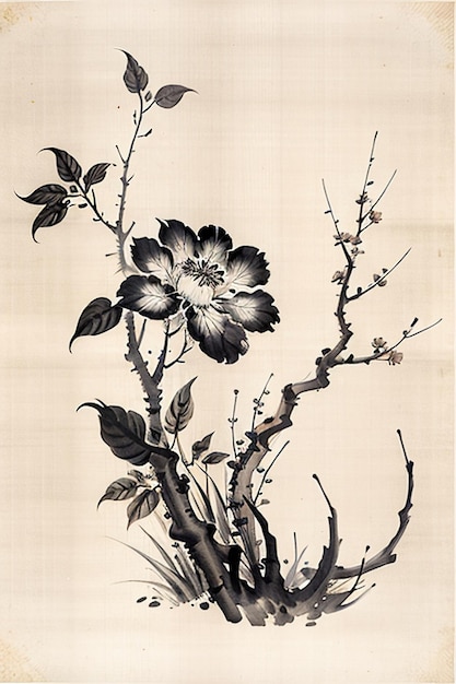 Chinese Watercolor Ink Style Ancient Flower Painting A Branch Flower Collection Art Exhibition