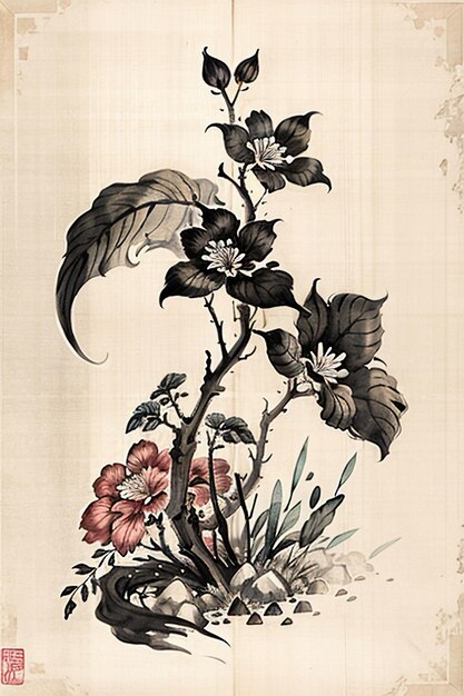 Chinese watercolor ink style ancient flower painting a branch flower collection art exhibition