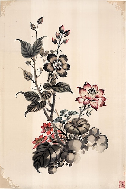 Chinese Watercolor Ink Style Ancient Flower Painting A Branch Flower Collection Art Exhibition