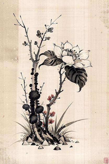 Photo chinese watercolor ink style ancient flower painting a branch flower collection art exhibition