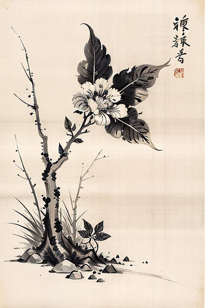 Chinese watercolor ink style ancient flower painting a branch flower collection art exhibition
