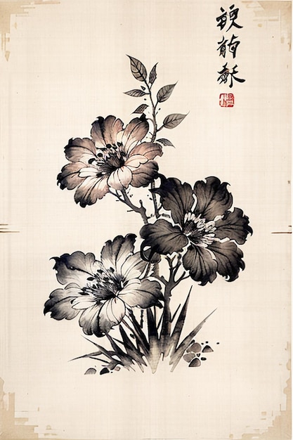 Chinese watercolor ink style ancient flower painting a branch flower collection art exhibition