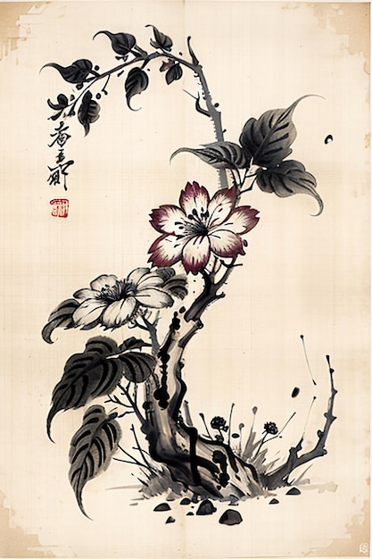 Chinese watercolor ink style ancient flower painting a branch flower collection art exhibition