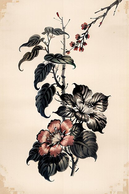 Chinese Watercolor Ink Style Ancient Flower Painting A Branch Flower Collection Art Exhibition