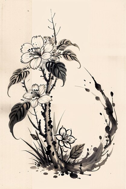 Chinese Watercolor Ink Style Ancient Flower Painting A Branch Flower Collection Art Exhibition