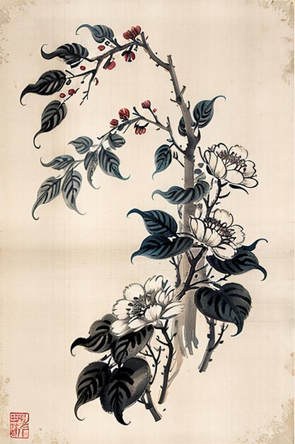 Chinese Watercolor Ink Style Ancient Flower Painting A Branch Flower Collection Art Exhibition