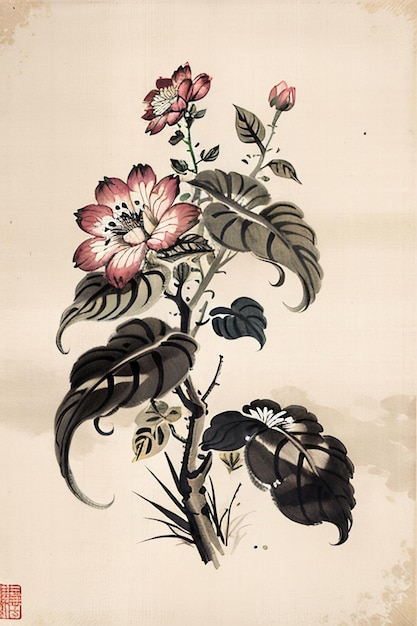 Chinese Watercolor Ink Style Ancient Flower Painting A Branch Flower Collection Art Exhibition