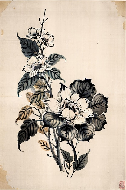 Chinese Watercolor Ink Style Ancient Flower Painting A Branch Flower Collection Art Exhibition