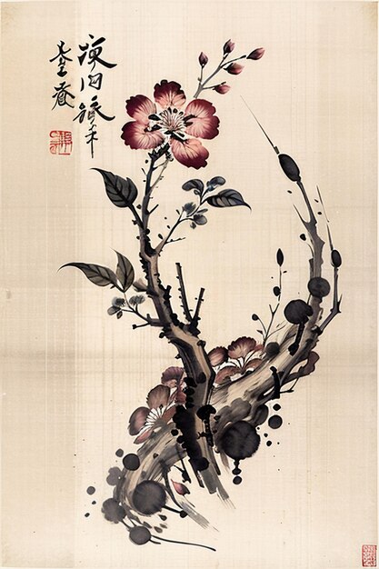 Chinese Watercolor Ink Style Ancient Flower Painting A Branch Flower Collection Art Exhibition