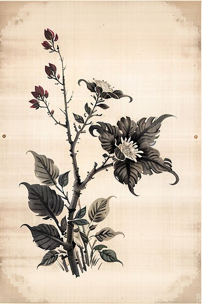 Chinese Watercolor Ink Style Ancient Flower Painting A Branch Flower Collection Art Exhibition